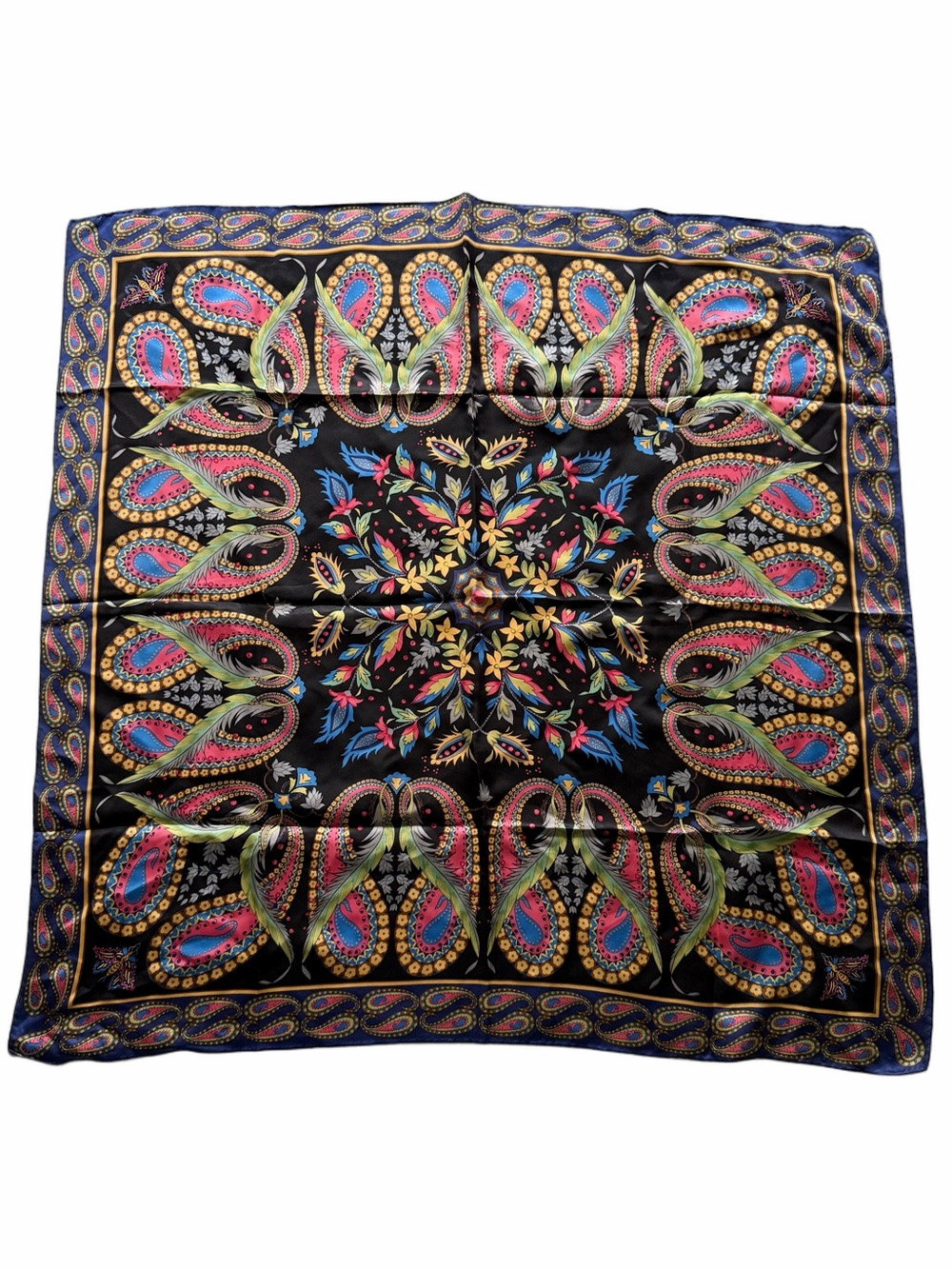 Vintage 100% Silk Scarf Paisley Floral Moth Feather Black Navy Multicolor Square